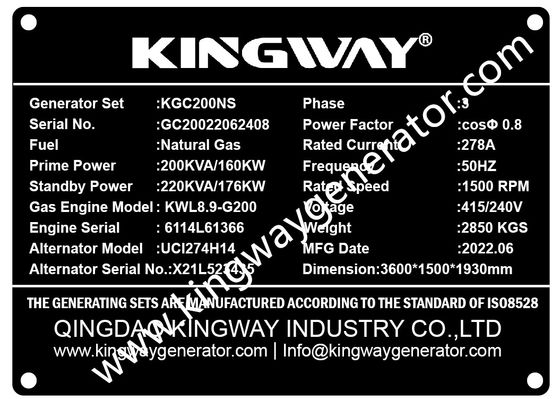 Générateur silencieux de gaz naturel de  Engine Kingway 125KVA à vendre